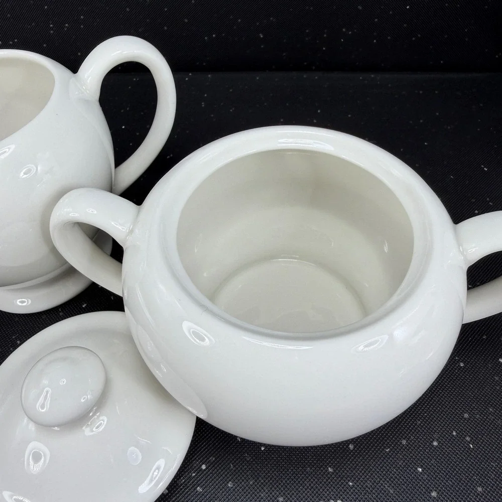 Crate & Barrel White Ceramic Sugar Bowl with‎ Lid and Creamer Set Made in India